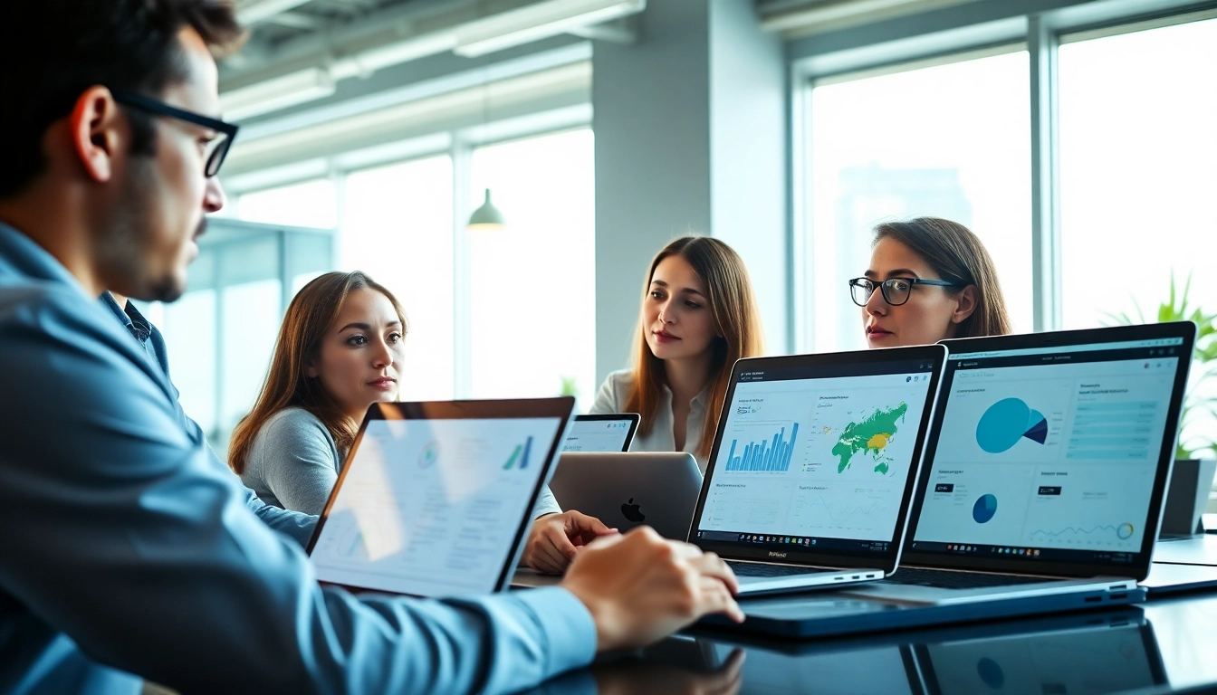 Enhance AI for competitor analysis with professionals collaborating over data in a modern workspace.