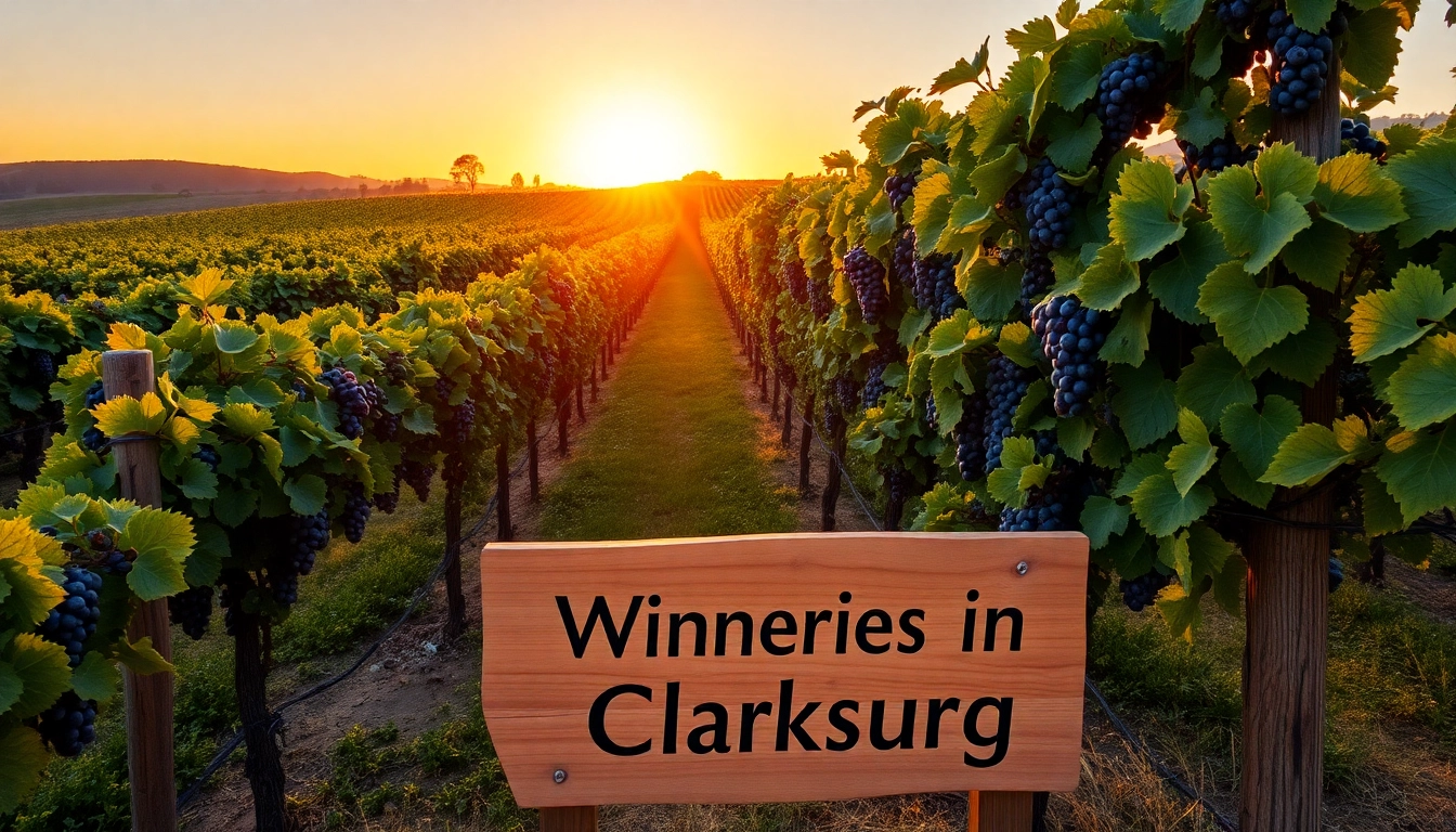 Visit wineries in Clarksburg among gorgeous vineyards and a rustic wooden sign inviting exploration.