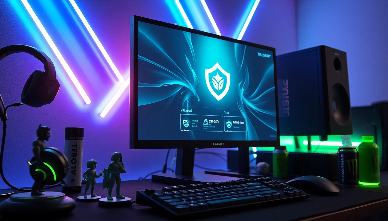 Engage in Valorant download on a high-tech gaming setup showcasing vibrant ambient lighting.