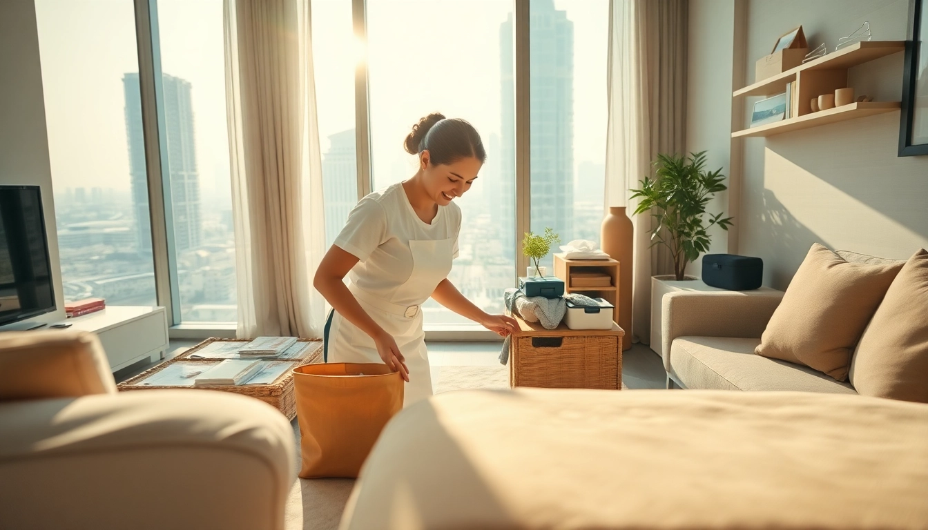 Efficient Maid Dubai organizing a neat home, reflecting cleanliness and comfort.