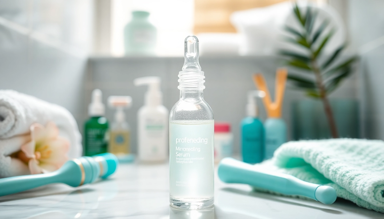 Discover best microneedling serum displayed among vibrant skincare products in a bright bathroom.