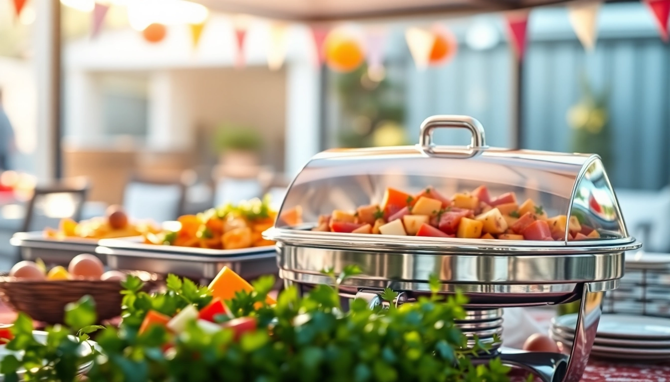 Showcase of a chafing dish filled with vibrant food in an outdoor buffet setting
