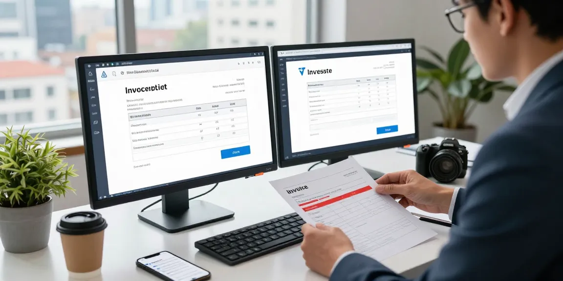 Analyze and detect fake invoices using AI technology in a modern office setting.