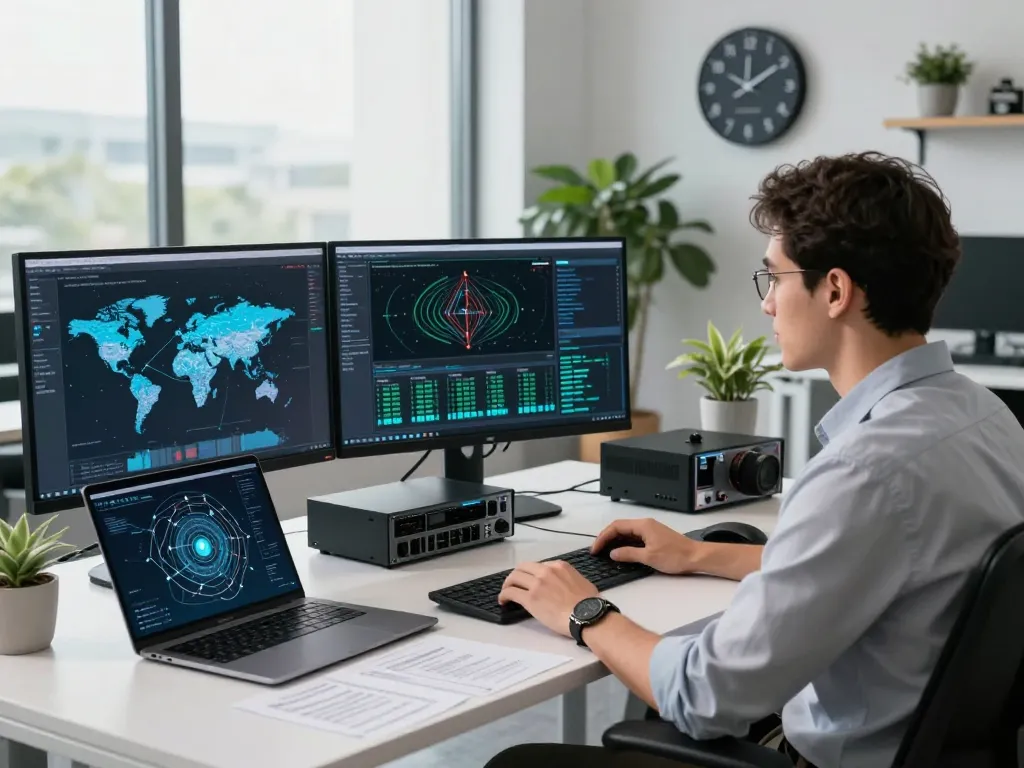 Network engineer optimizing 快连 connectivity in a modern tech workspace, showcasing advanced analysis tools and AI routing algorithms.