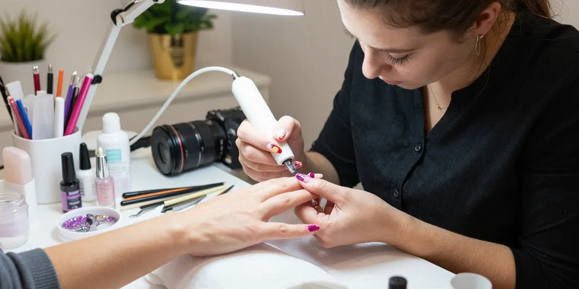Un tehnician profesional de unghii care usucă oja semipermanentă cu o lampa UV LED unghii într-un salon de frumusețe luminos.