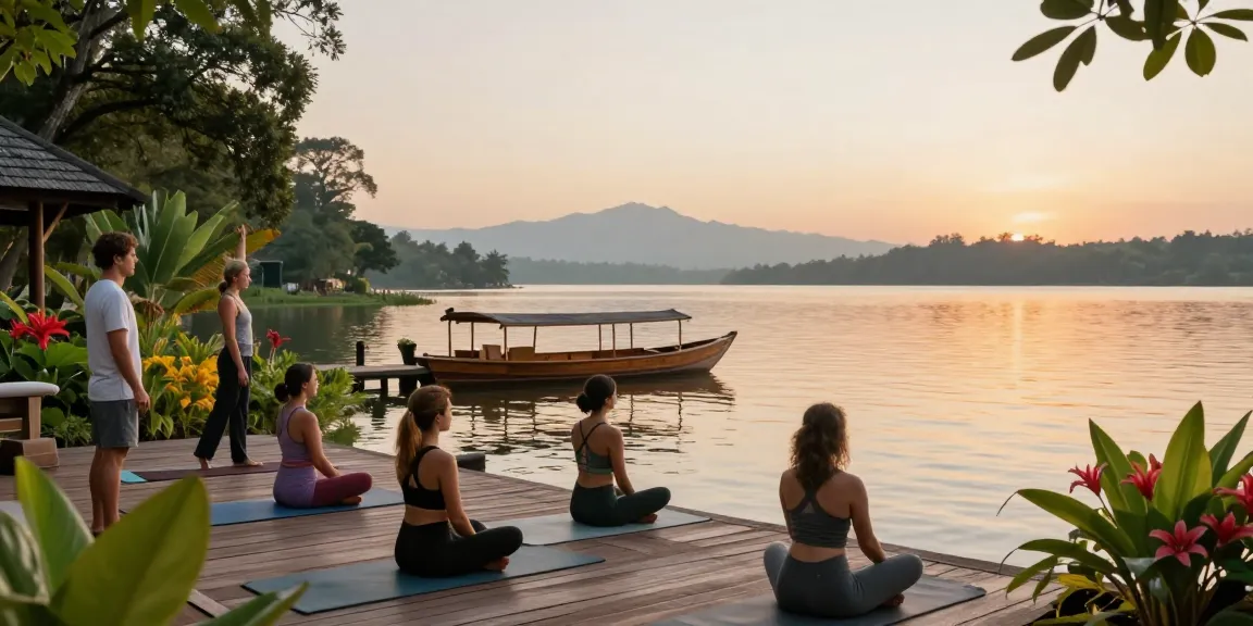 Vinyasa yoga retreat Sri Lanka at sunrise, participants practicing on a lakeside deck overlooking Koggala Lake.