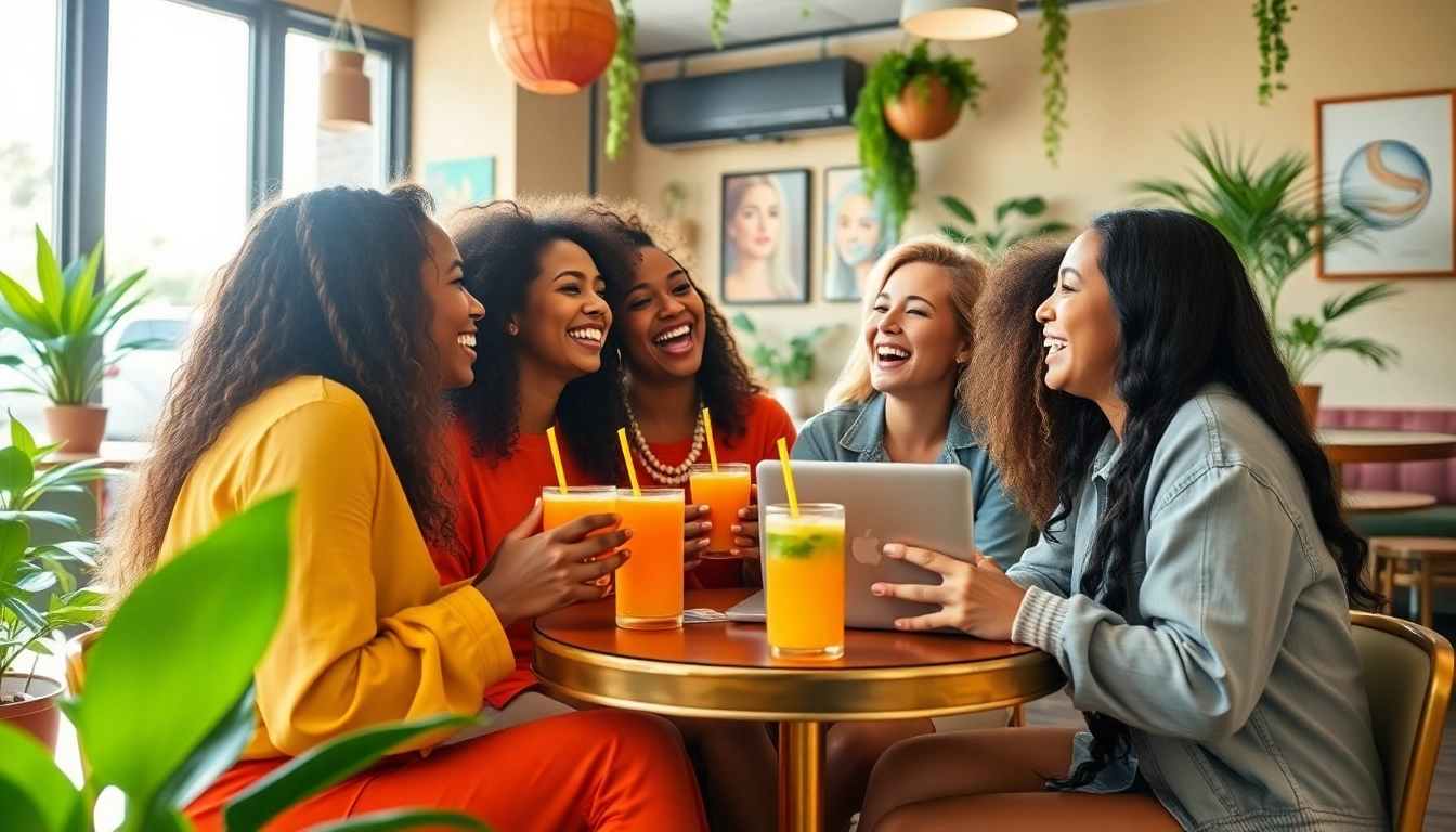 Social media girls enjoying a lively discussion in a café, showcasing diversity and energy.