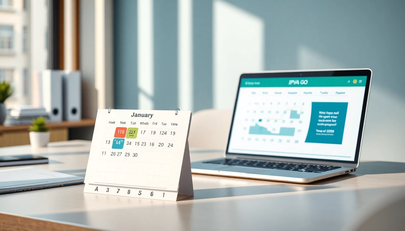 Calendar for IPVA GO 2026 with payment deadlines and Detran GO website on a laptop, highlighting tax organization.