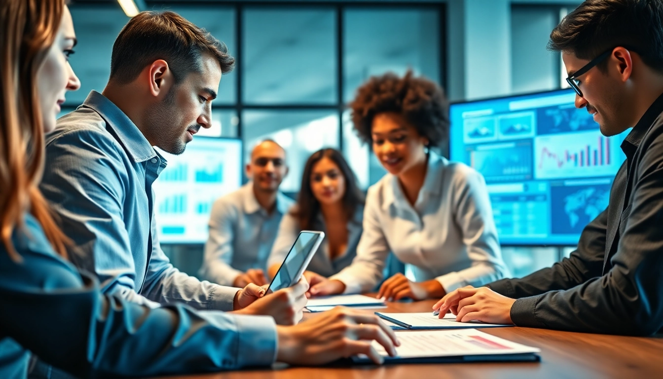 Analyze AI for competitor analysis through team collaboration in a modern office.