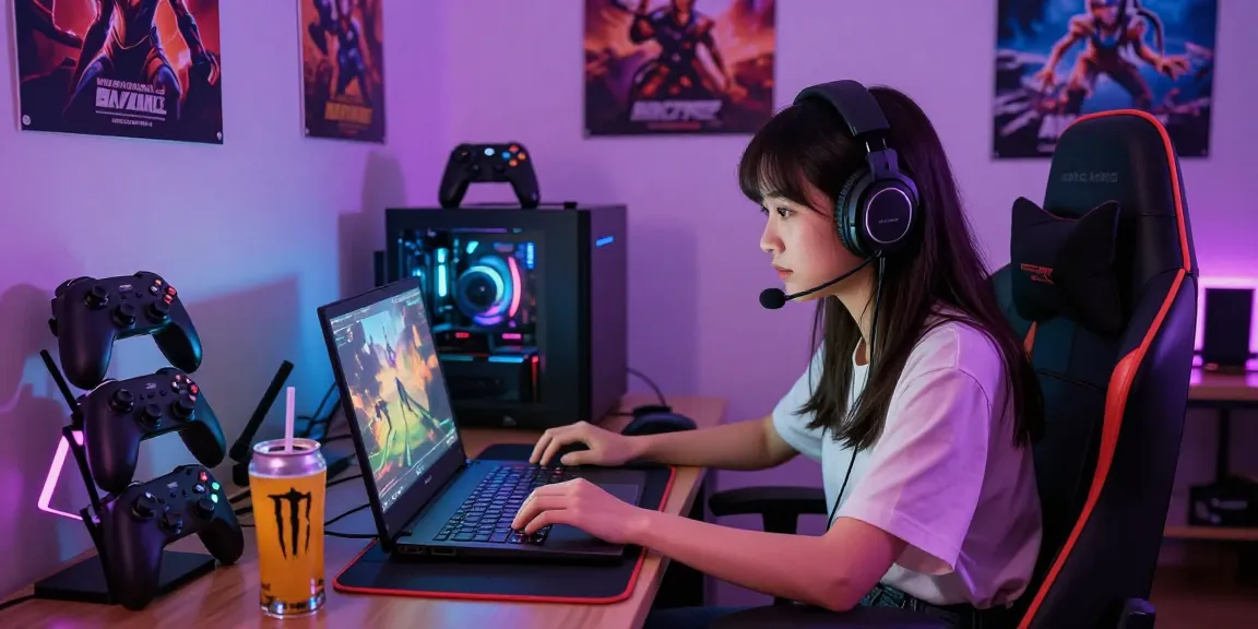 Engaged gamer playing an adult game in a colorful gaming nook.
