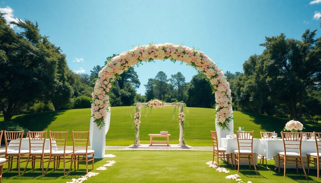 Elegant setup at Jacksonville Wedding Venue featuring a floral arch and lush greenery.