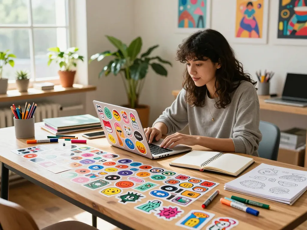 Creative designer applying custom stickers on laptop in a bright workspace with colorful designs.