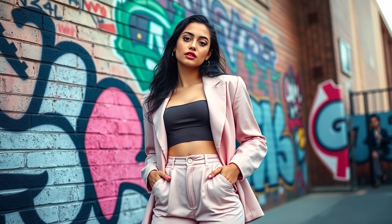 Fashion-forward woman showcasing a trendy outfit in an urban street setting.