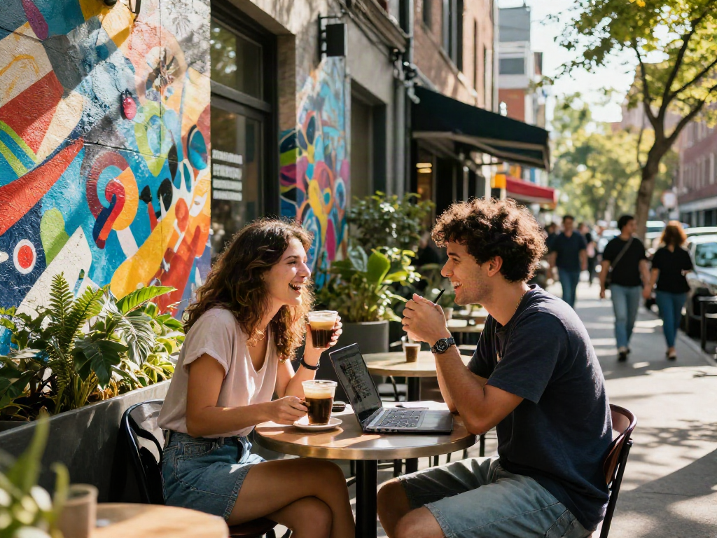 Couple enjoying a coffee break in the city, engaging in conversation and laughter, radiating their crush on city life.