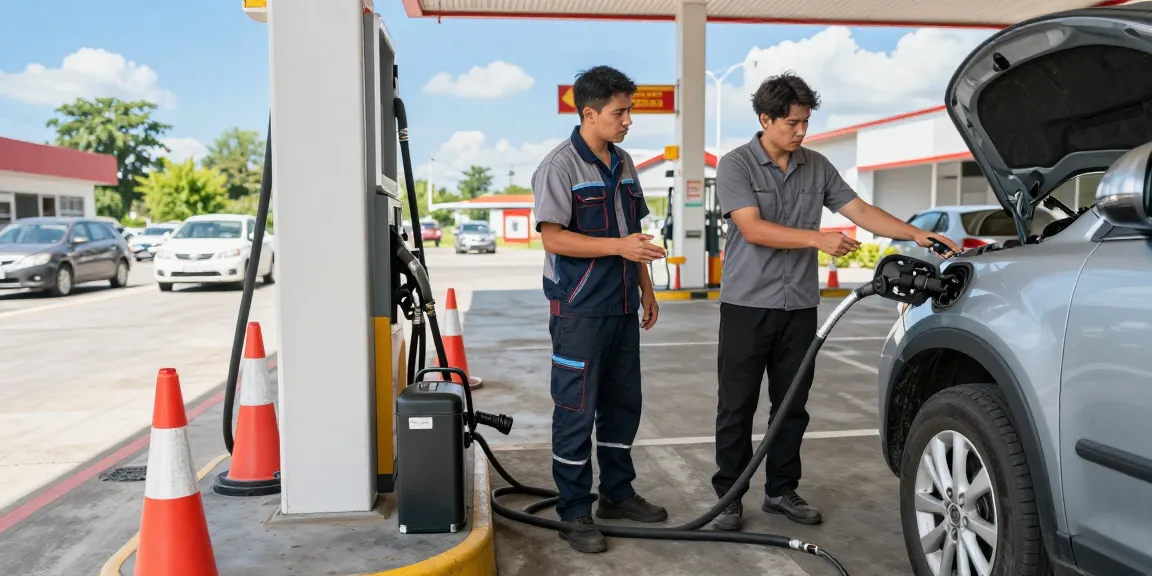 Technician assisting with diesel in petrol car fuel drainage at roadside service.