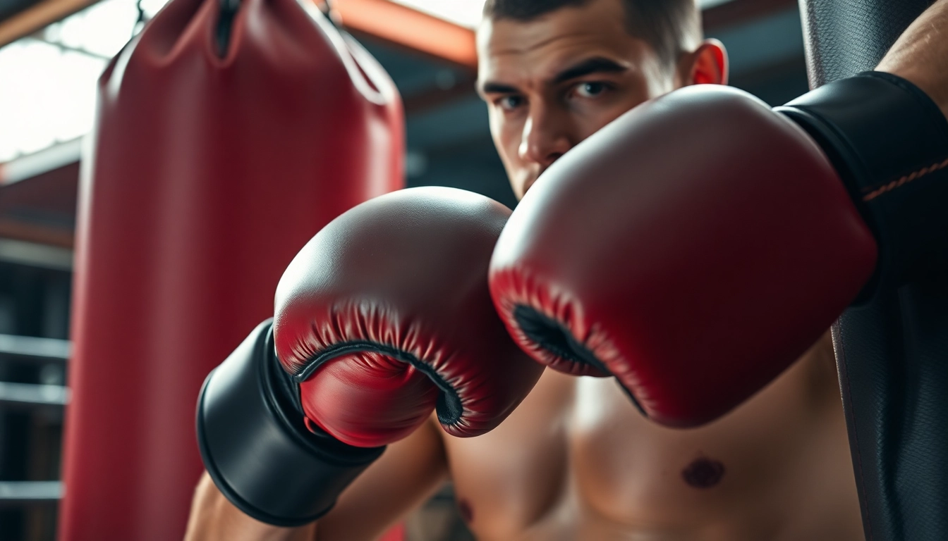 MMA gloves on a fighter's hands during an intense training session in a gym.