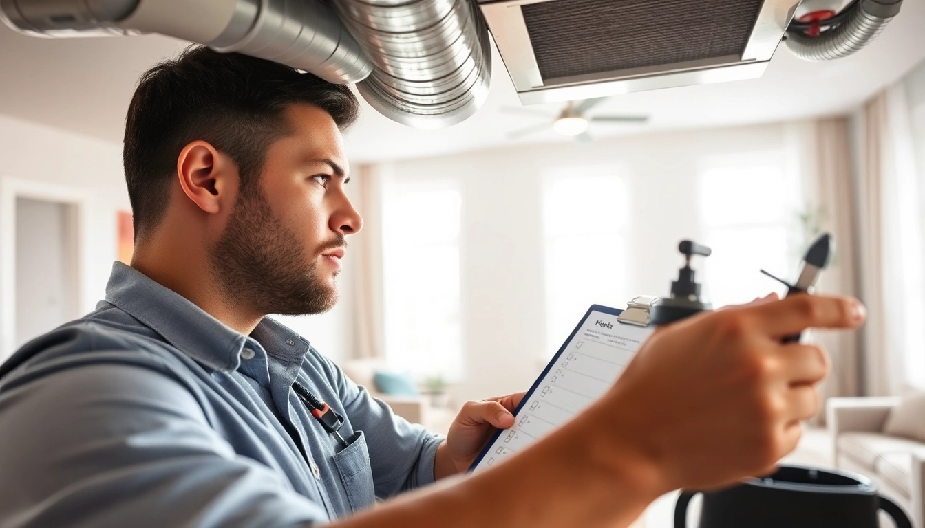 Technician conducting duct cleaning and HVAC inspection in a bright home environment
