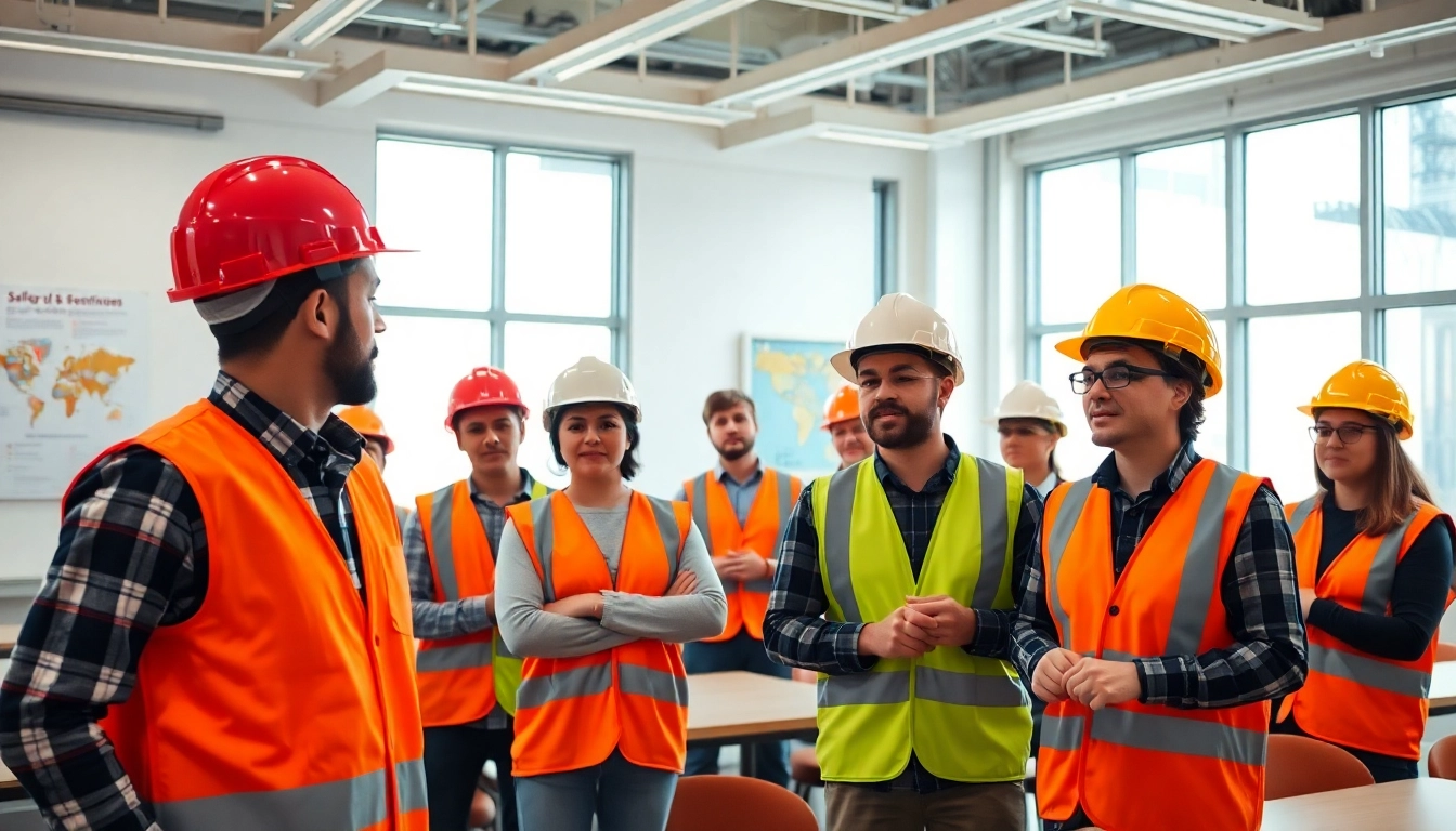Participants in construction safety classes practicing safety protocols in a bright classroom.