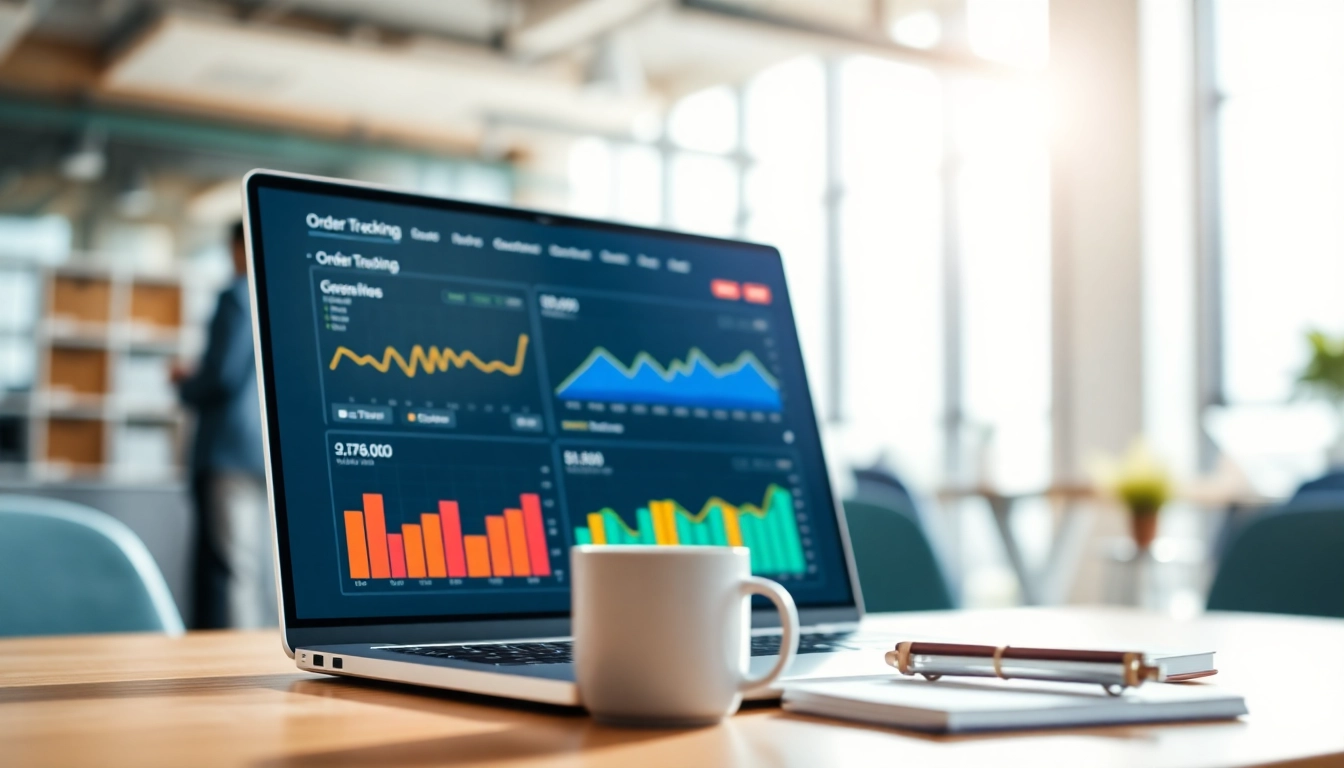 Visualize the functionality of order processing software in an engaging office setting with dynamic data analytics.