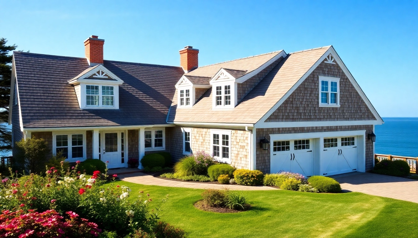 Cape Cod home with attached garage surrounded by lush greenery and a bright blue sky.