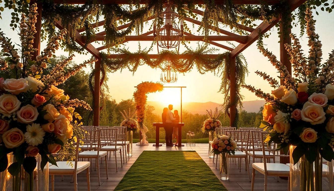 Elegante hochzeit location mit rustikalem Pavillon und blühenden Blumen im Sonnenuntergang