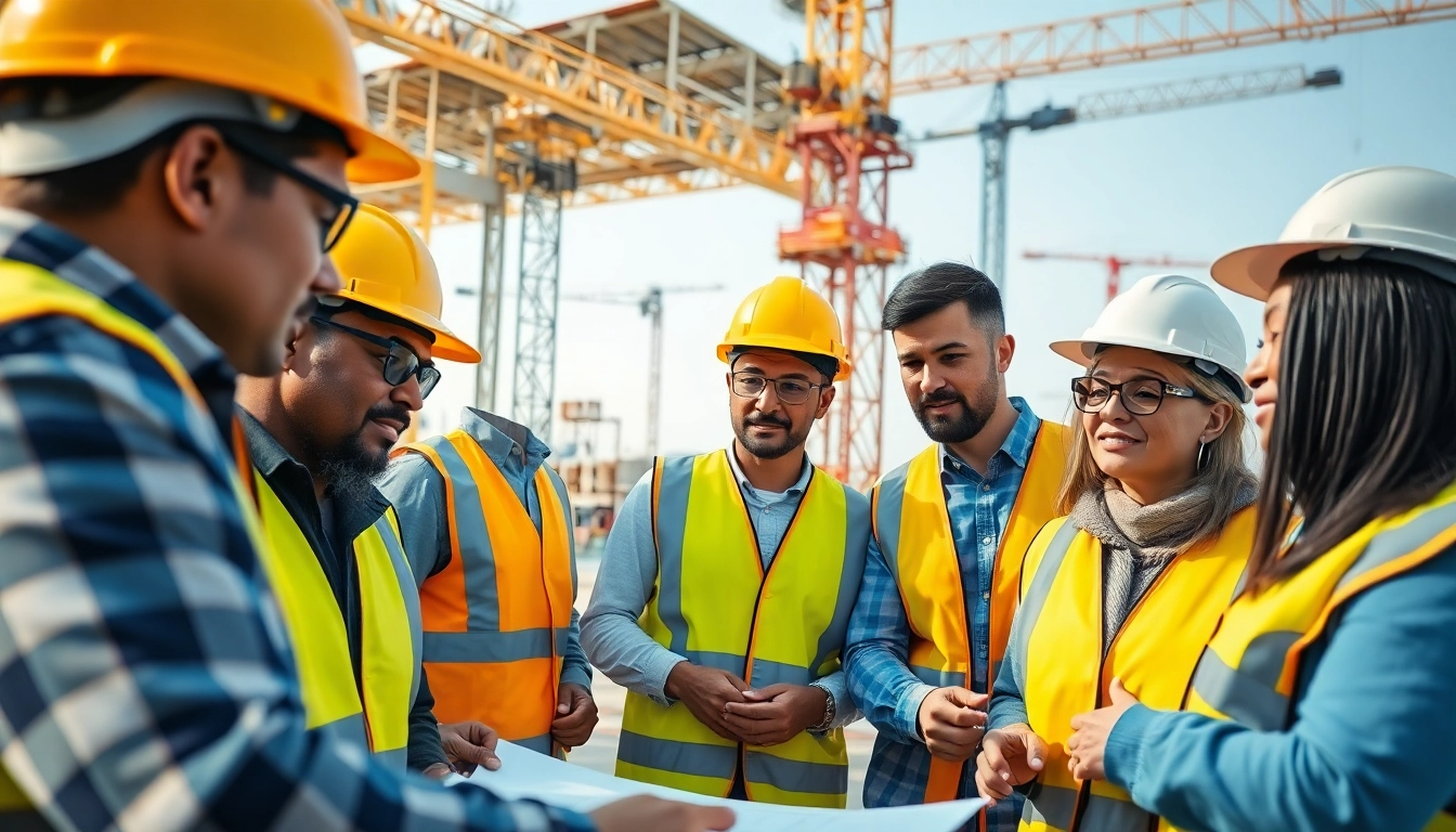 Construction workforce development showcased by teamwork among diverse workers at a project site.