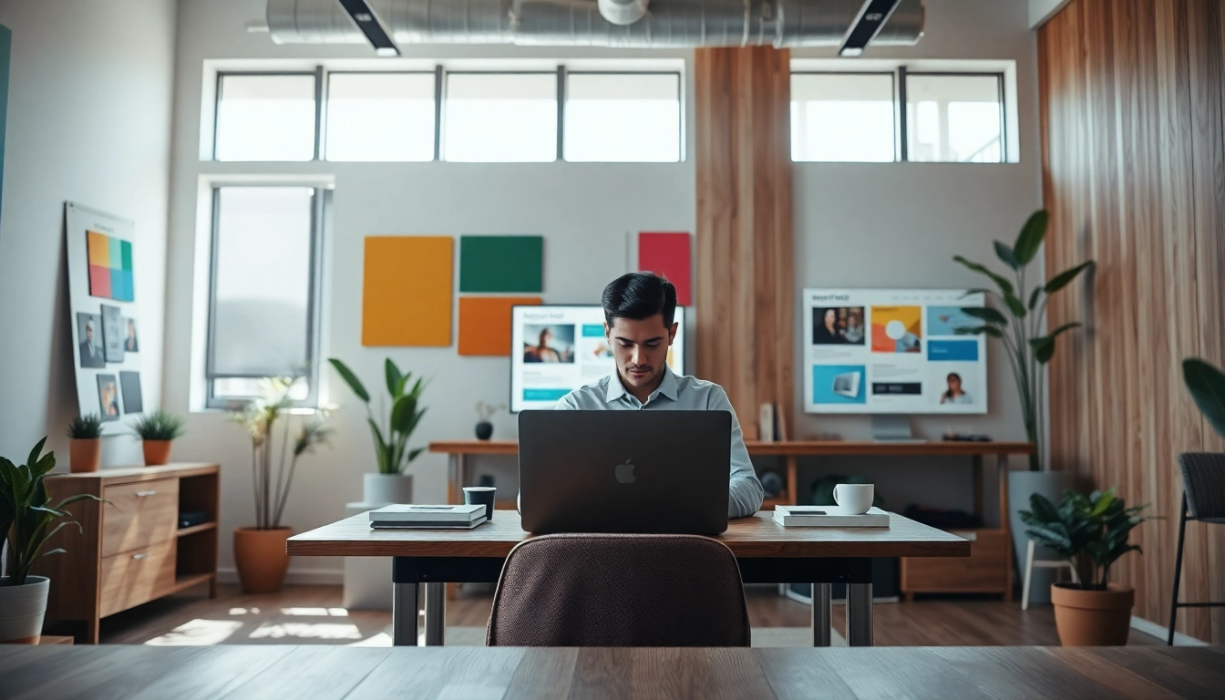 Designing a Hereford website design in a modern office environment with a designer at work.