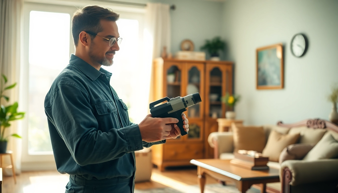 Engaged technician demonstrating termite warranty service with advanced tools in a bright living room.