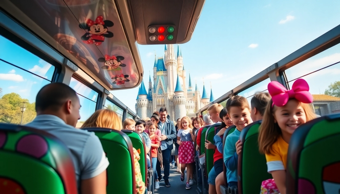 Experience Disneyland Paris airport transfer services with joyful families boarding a vibrant Disney-themed shuttle bus.