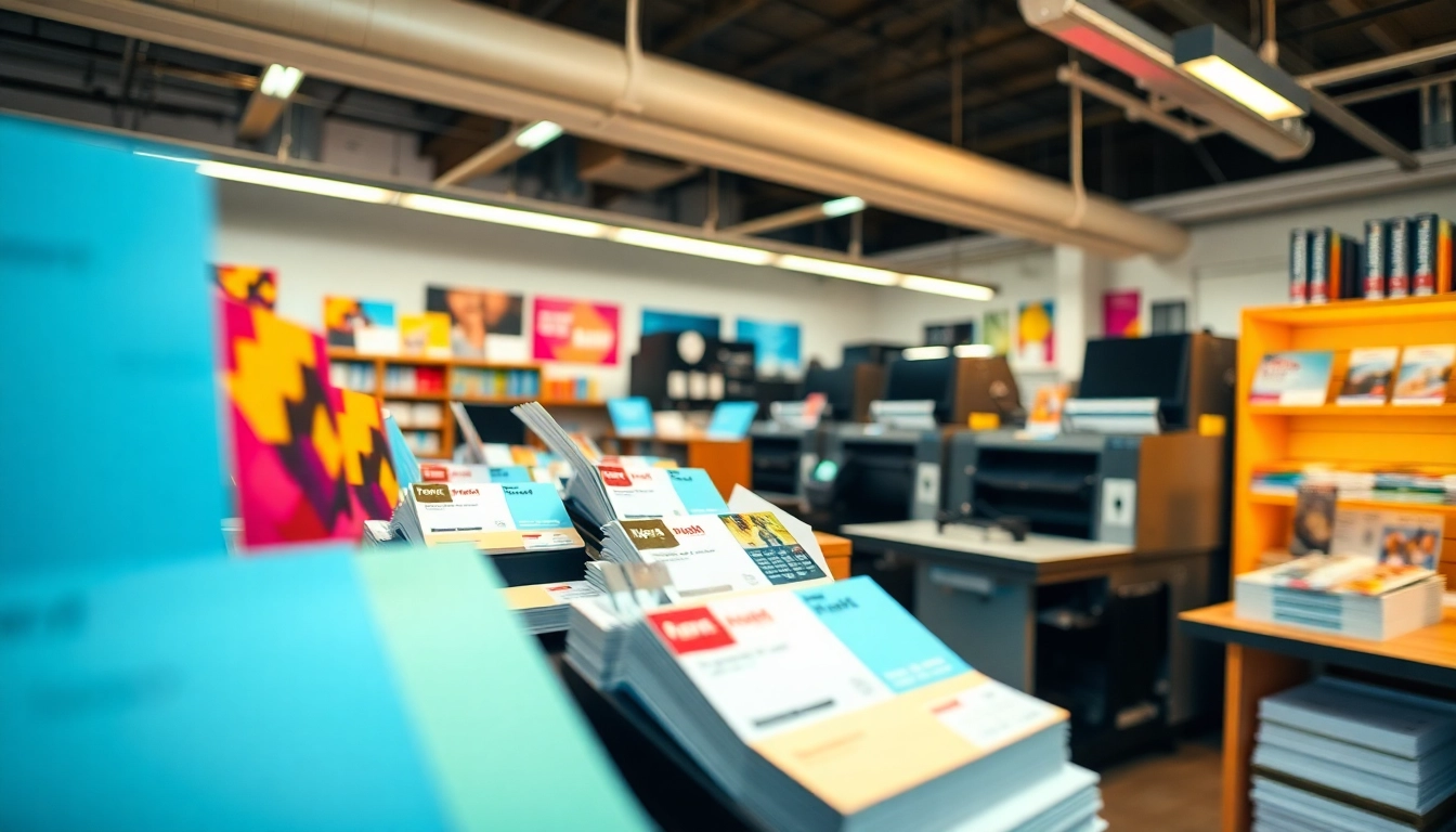 Browsing options at a printing shop near me showcasing vibrant printed materials.