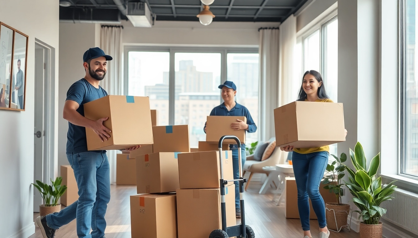 Boston local movers efficiently handling boxes in a modern urban apartment setting.