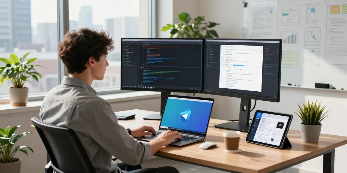 Developer working in a modern tech office featuring 纸飞机官网 applications on screens, showcasing productivity and innovation.
