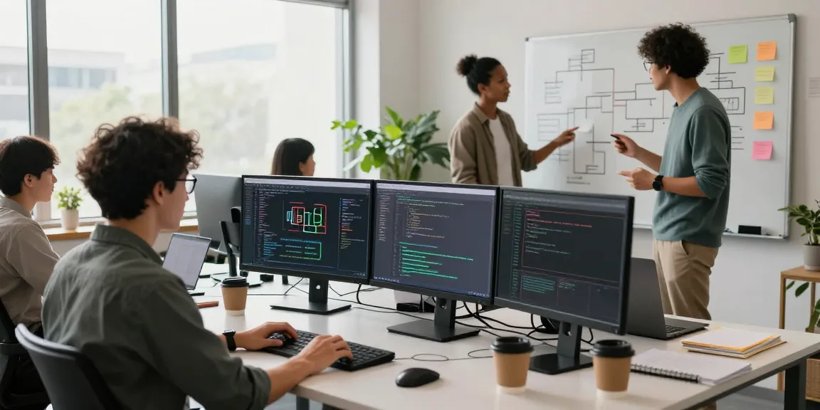 Developers collaborating with servidores vps windows on modern monitors, showcasing teamwork in a tech workspace.