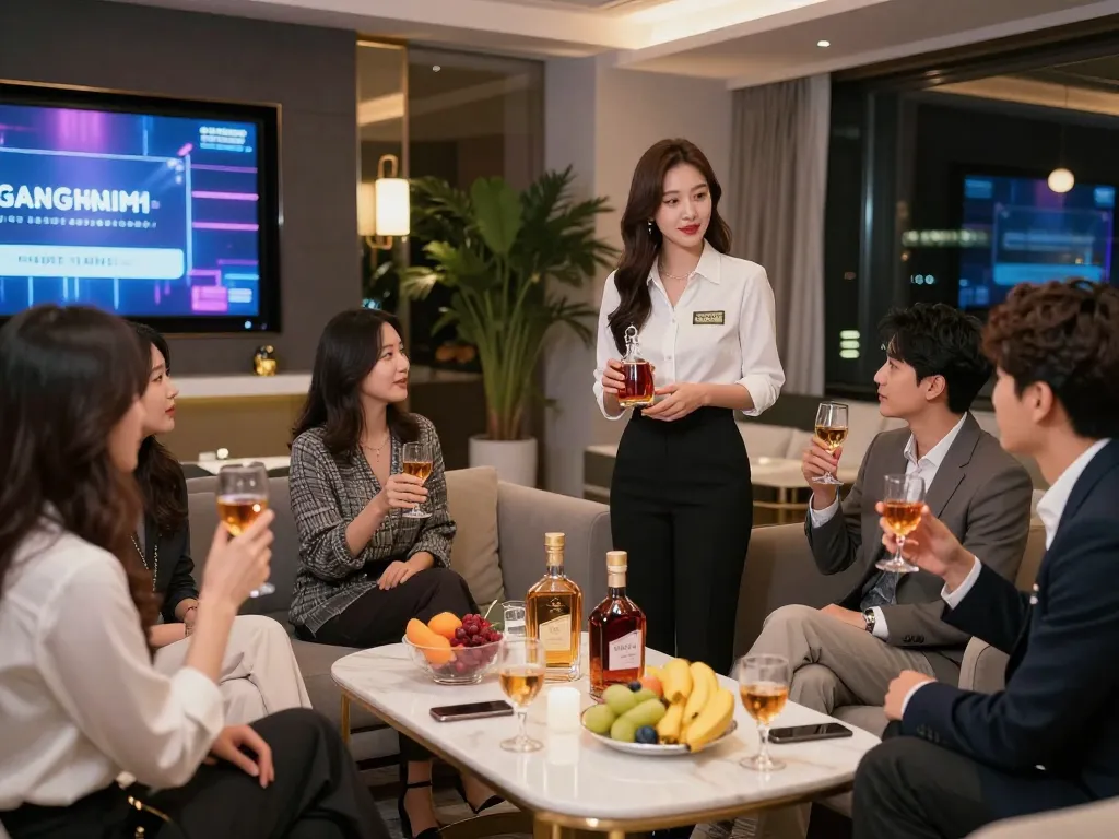 Experience upscale Gangnam쩜오 nightlife with luxurious decor, stylish patrons, and high-quality service.