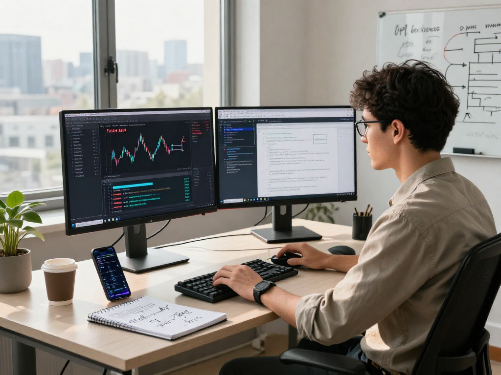 Low latency tick data API showcased in a developer's workspace with coding setup, monitors, and financial data.