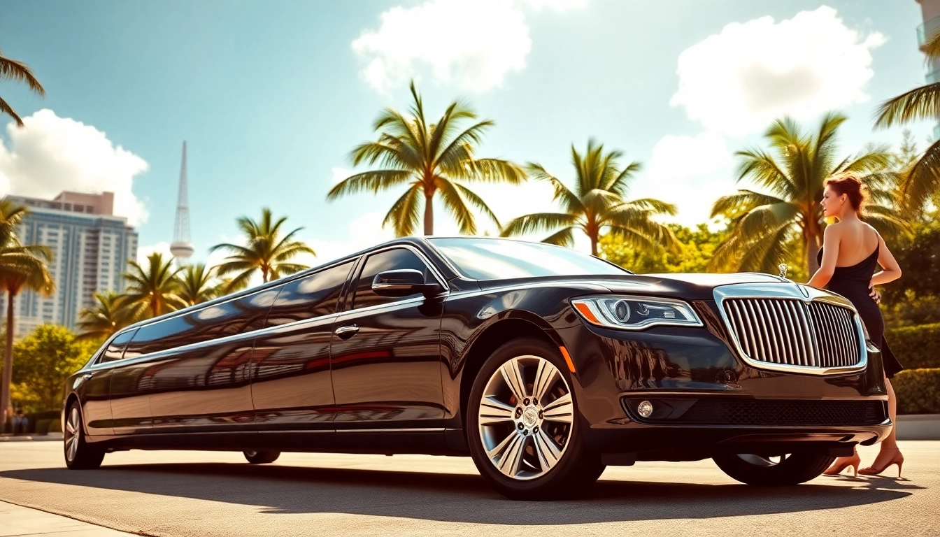 Luxury VIP Miami Limo parked against a vibrant Miami skyline, showcasing elegance and sophistication.