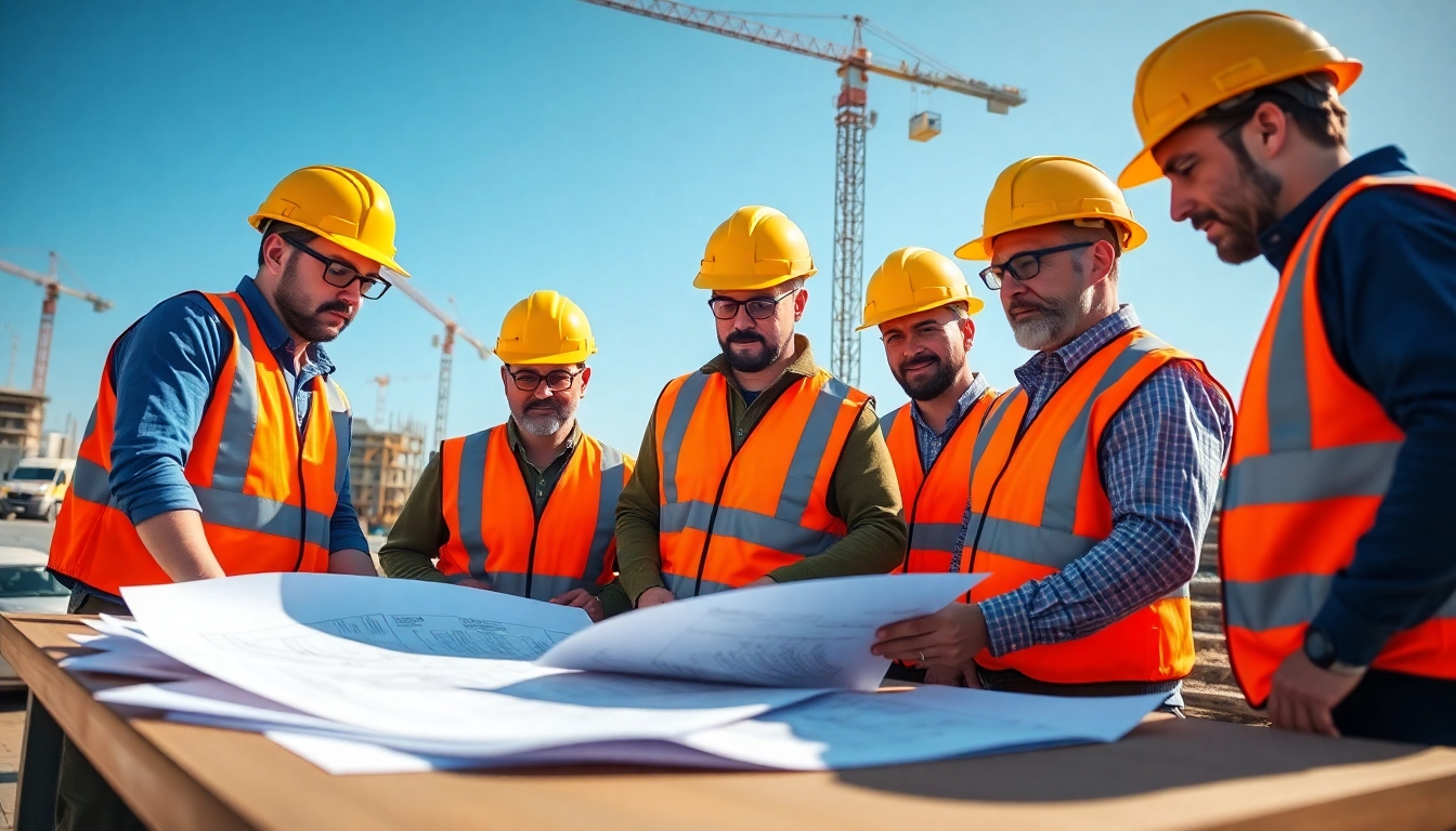 Engineers performing construction assessment testing at a construction site with plans and machinery.