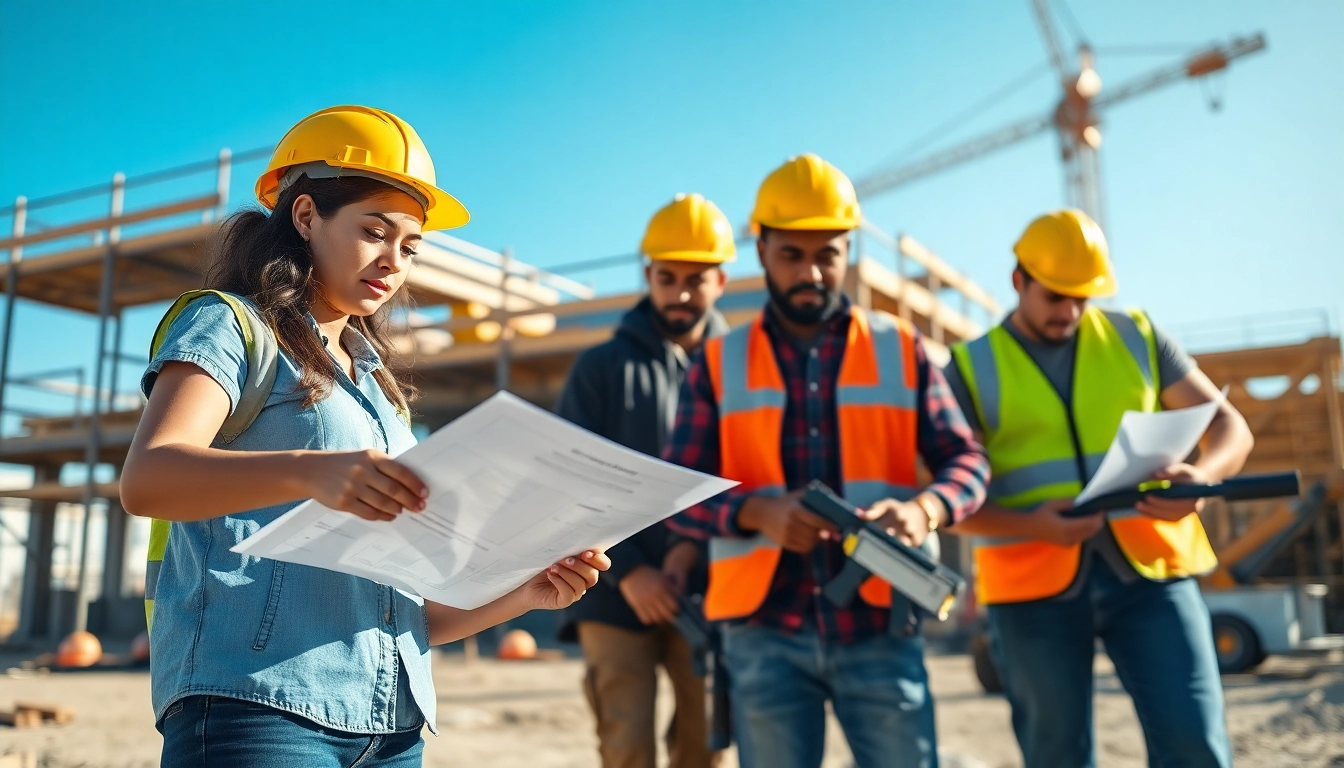 Engaged trainees in a construction apprenticeship at a bustling site with blueprints and tools.