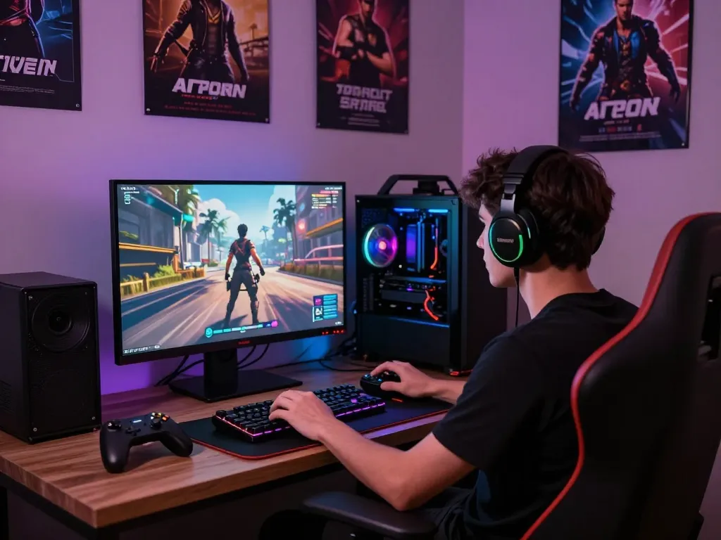 Gamer playing AI porn games on a colorful gaming PC, showcasing immersive visuals and accessories.
