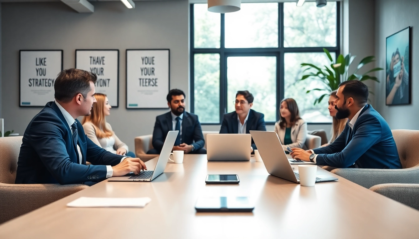 Engaged clients with a business coach near me collaborating in a modern office during strategy session.