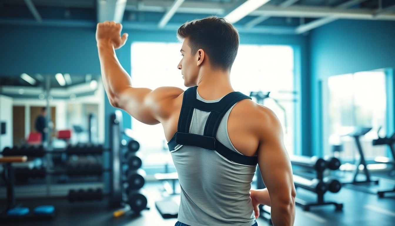 Model demonstrating effective posture brace techniques while exercising in a gym.