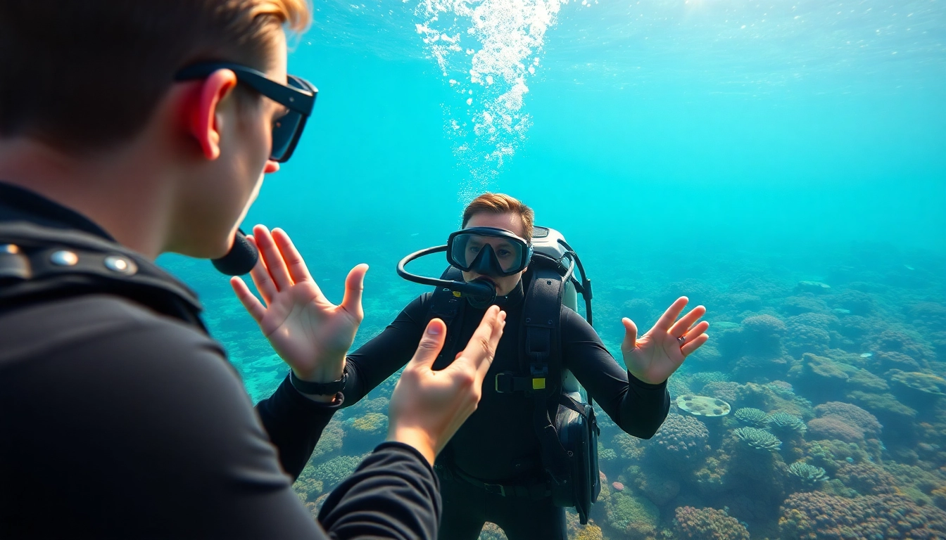 Tauchschule mit einem Tauchlehrer, der Schüler unter Wasser anleitet und lehrt.