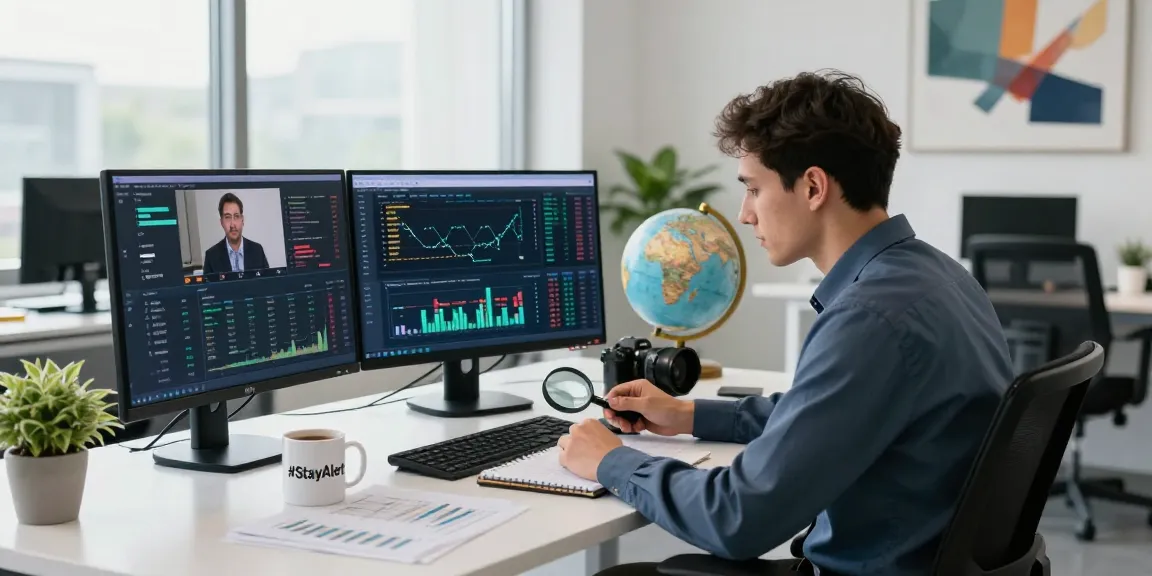Data analyst examining financial crime intelligence in modern office with digital analytics.