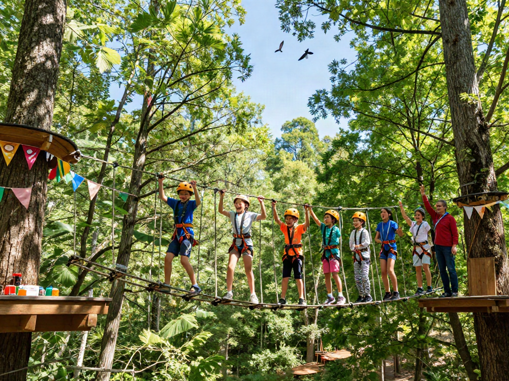 Children crossing a rope bridge in a fun outdoor adventure setting.