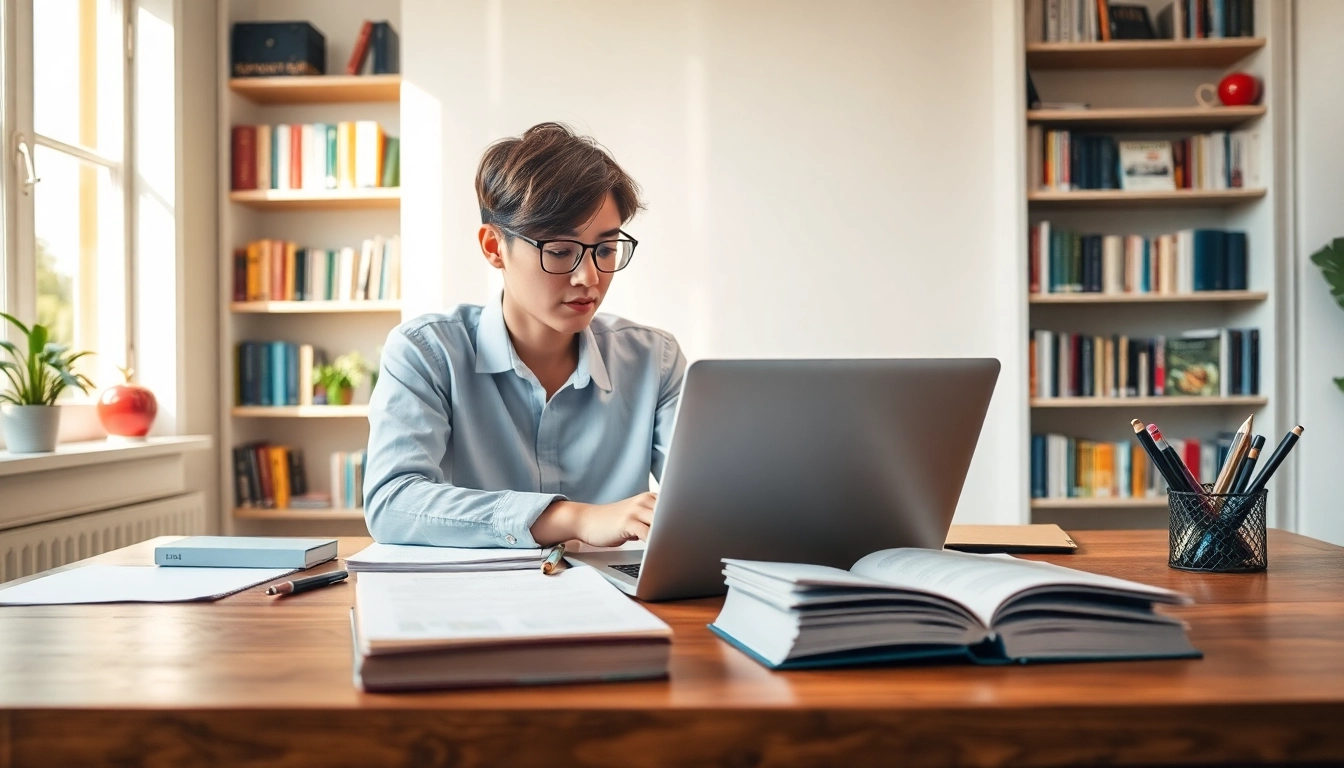 Pay someone to take TOEFL showing a dedicated student studying for the exam with materials on a desk.
