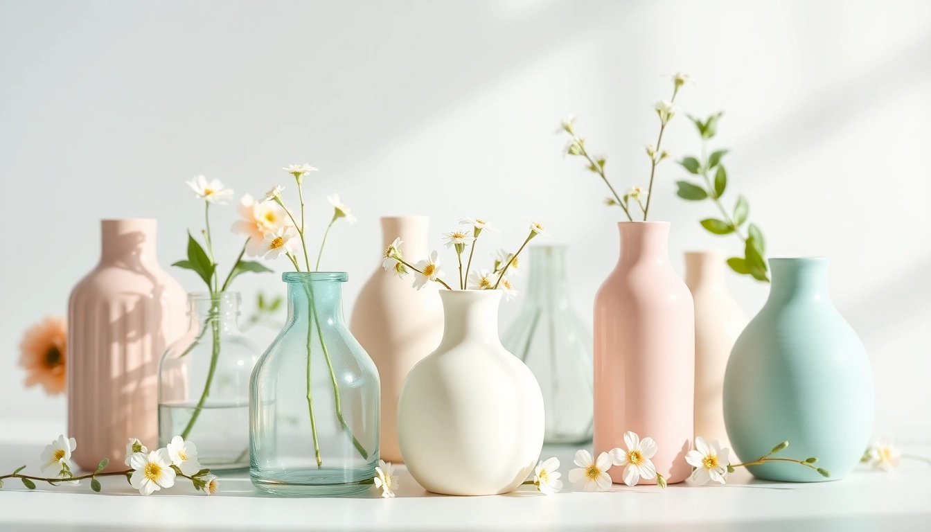 Stylish display of bud vases with various shapes, showcasing unique designs and flowers.
