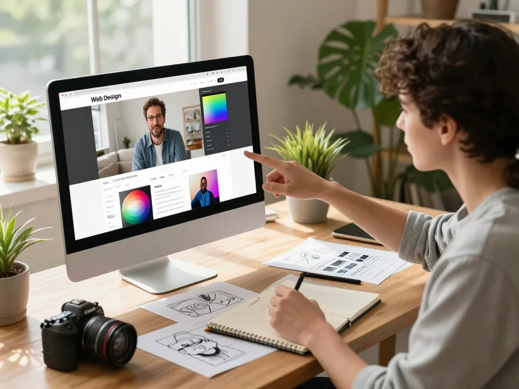 Freelance web designer near me discussing website mockups in a cozy studio.