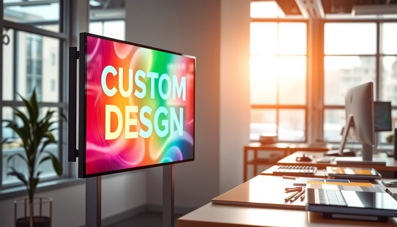 Showcase creative sign design with vibrant displays and professional workspace.