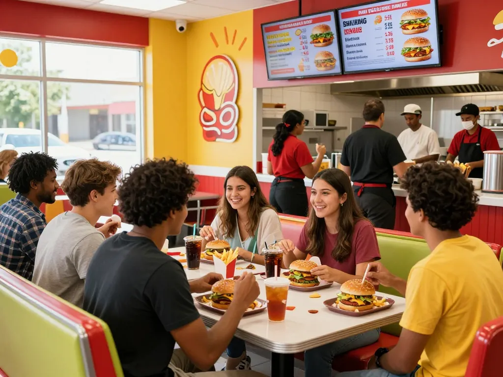 Friends enjoying delicious fast food prices in a vibrant restaurant setting with digital menus.