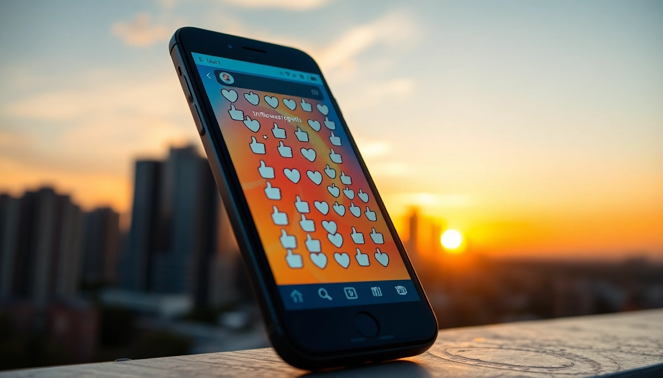 インスタ いいね 購入のスマートフォン画面と都市の夕日を背景にした明るい画像。
